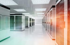 Data center equipment room where Champion Fiberglass RTRC conduit and zero burn-through elbows carry dense cable runs.