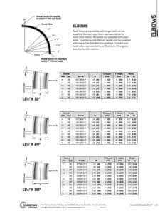 Cover of the Champion Fiberglass elbows catalog section listing sizes and bend radii