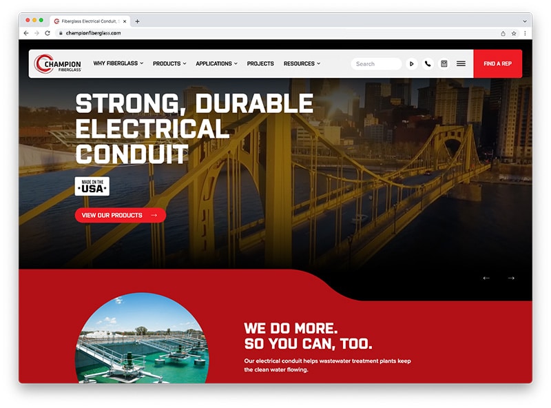 Screenshot of new Hompage for Champion Fiberglass.