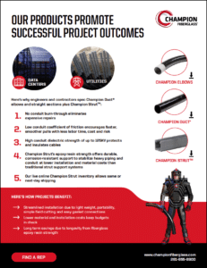 Cover of the Champion Fiberglass product family guide covering conduit, strut and elbows